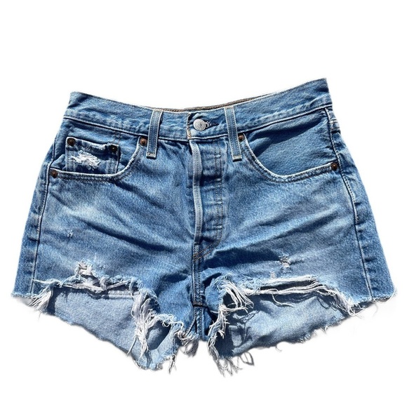 LEVI'S 501 High Rise Shorts Womens Cutoff Denim Blue Distressed Cotton - Picture 1 of 8